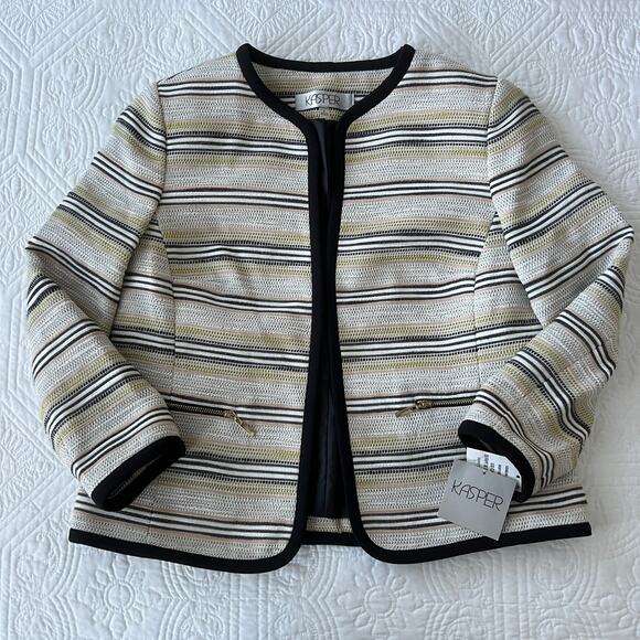 Kasper Open Blazer Jacket Zipper Detail Striped 3/4 Sleeve 4 Ivory Multi NWT - Picture 9 of 9